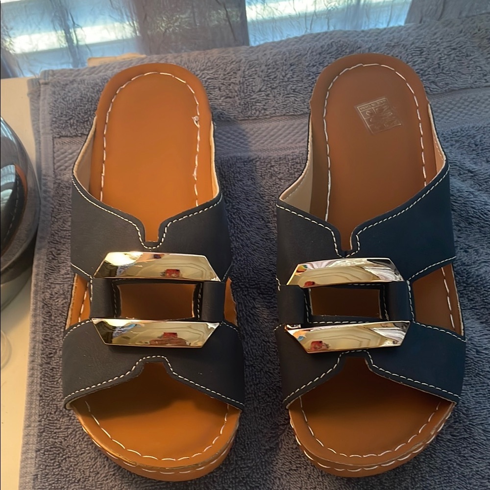 Stylish Navy Blue Slide Sandals with Strikingly Gold Buckle
